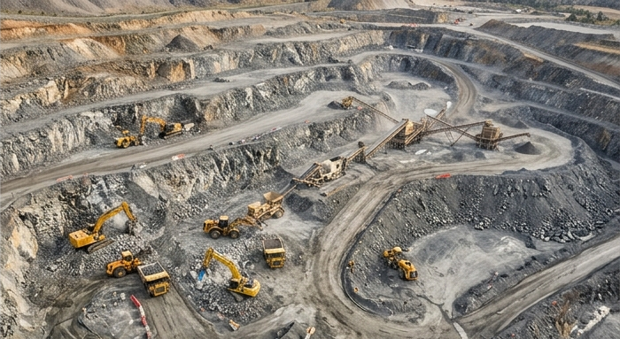 Aerial view of the quarry with crushing and screening plant